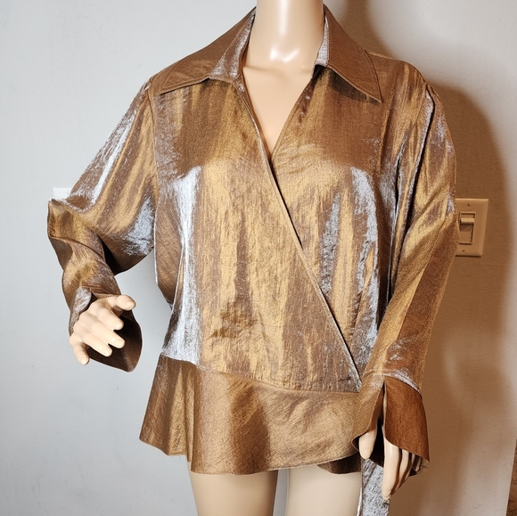 Coldwater Creek wrap shimmery Copper bronze blouse. Women's size XL - Picture 1 of 15